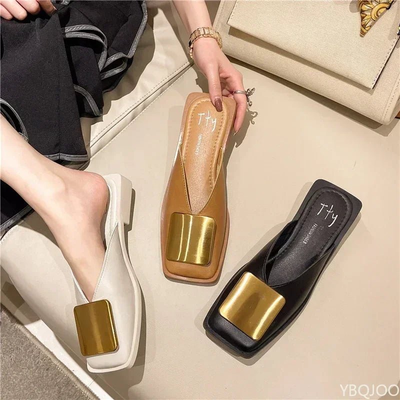 Women Slipper Fashion Metal Buckle Mules Flat Heels Square Toe - Gems Ensumbles