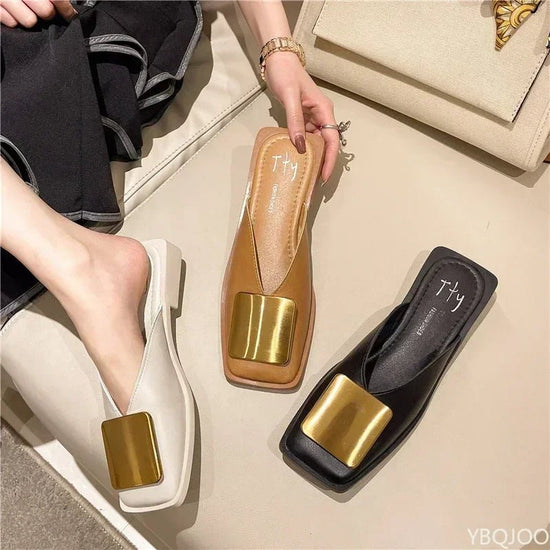 Women Slipper Fashion Metal Buckle Mules Flat Heels Square Toe - Gems Ensumbles