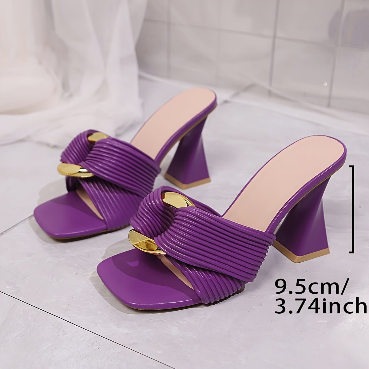 Women Slipper High Heels Square Toe Synthetic Cover Straps, Golden Rings, - Gems Ensumbles