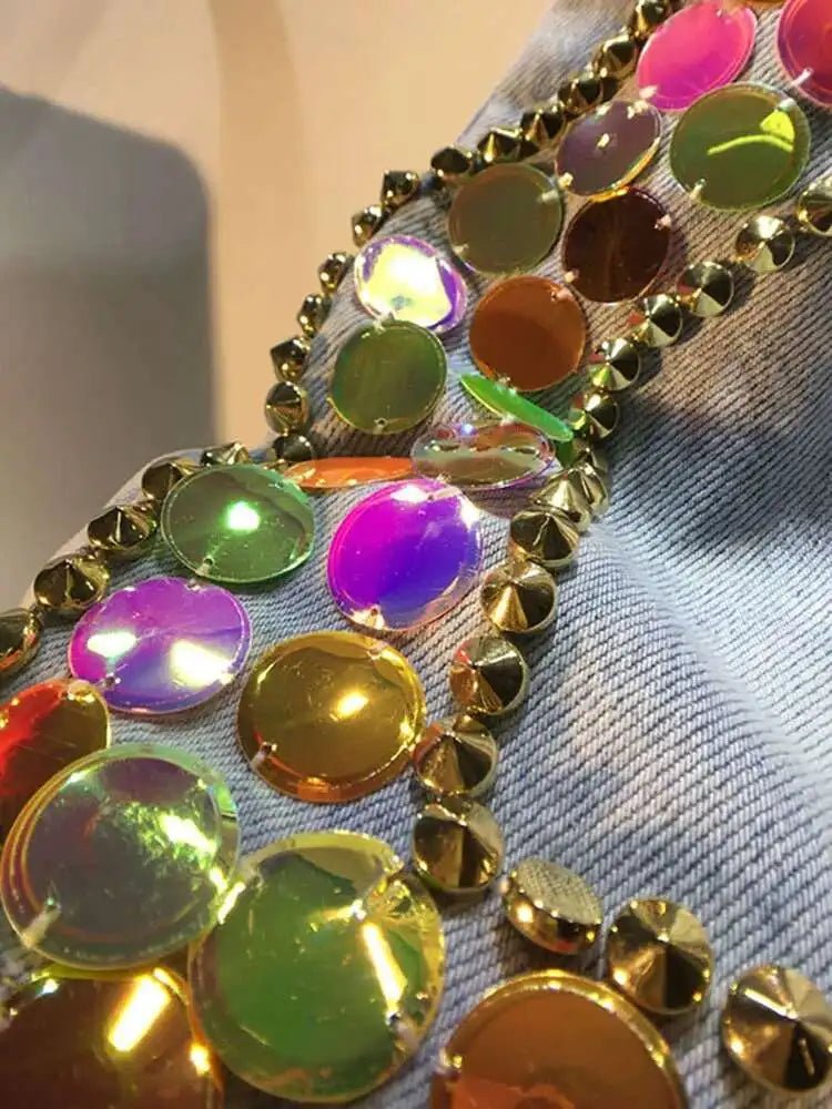 Women's Denim Shorts Loose Elastic Waist Rivet Colorful Big Sequins Wide Leg Short Jeans - Gems Ensumbles
