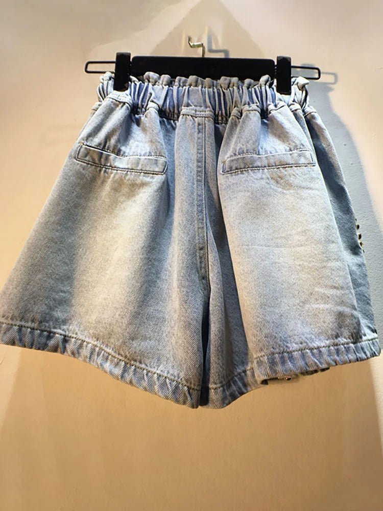 Women's Denim Shorts Loose Elastic Waist Rivet Colorful Big Sequins Wide Leg Short Jeans - Gems Ensumbles