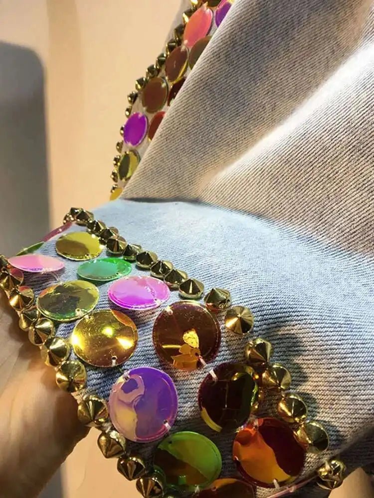 Women's Denim Shorts Loose Elastic Waist Rivet Colorful Big Sequins Wide Leg Short Jeans - Gems Ensumbles