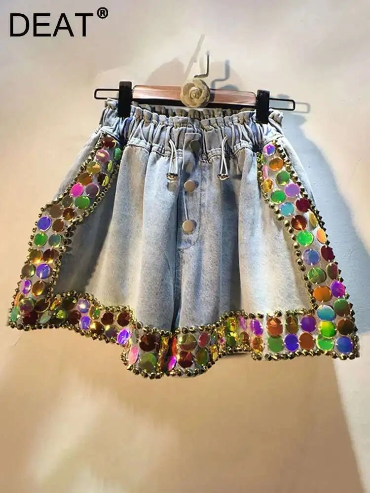 Women's Denim Shorts Loose Elastic Waist Rivet Colorful Big Sequins Wide Leg Short Jeans - Gems Ensumbles
