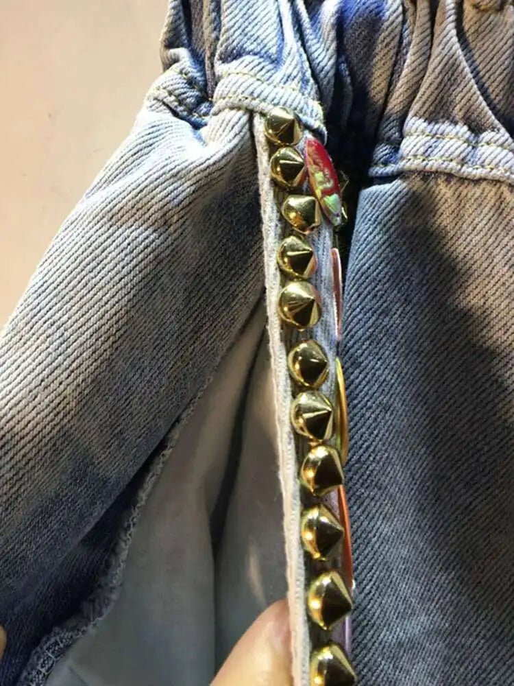 Women's Denim Shorts Loose Elastic Waist Rivet Colorful Big Sequins Wide Leg Short Jeans - Gems Ensumbles