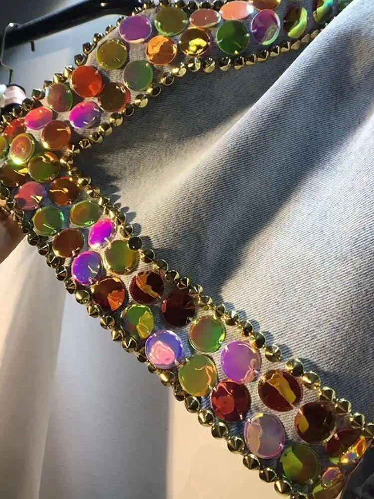 Women's Denim Shorts Loose Elastic Waist Rivet Colorful Big Sequins Wide Leg Short Jeans - Gems Ensumbles