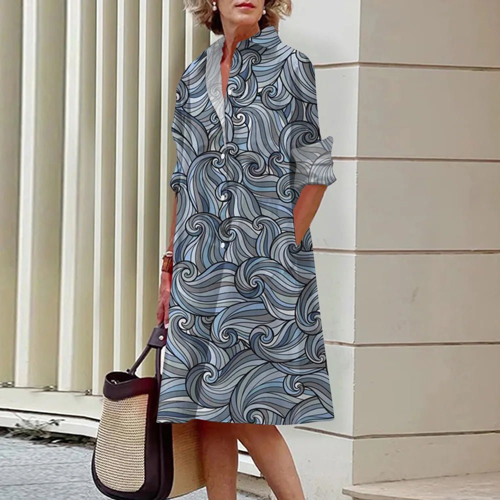 Women's Dress Lapel Long Sleeve Shirt Pocket Button Plus Size Top 3d Striped Print Dress Party Fashion Evening Dress For Women - Gems Ensumbles