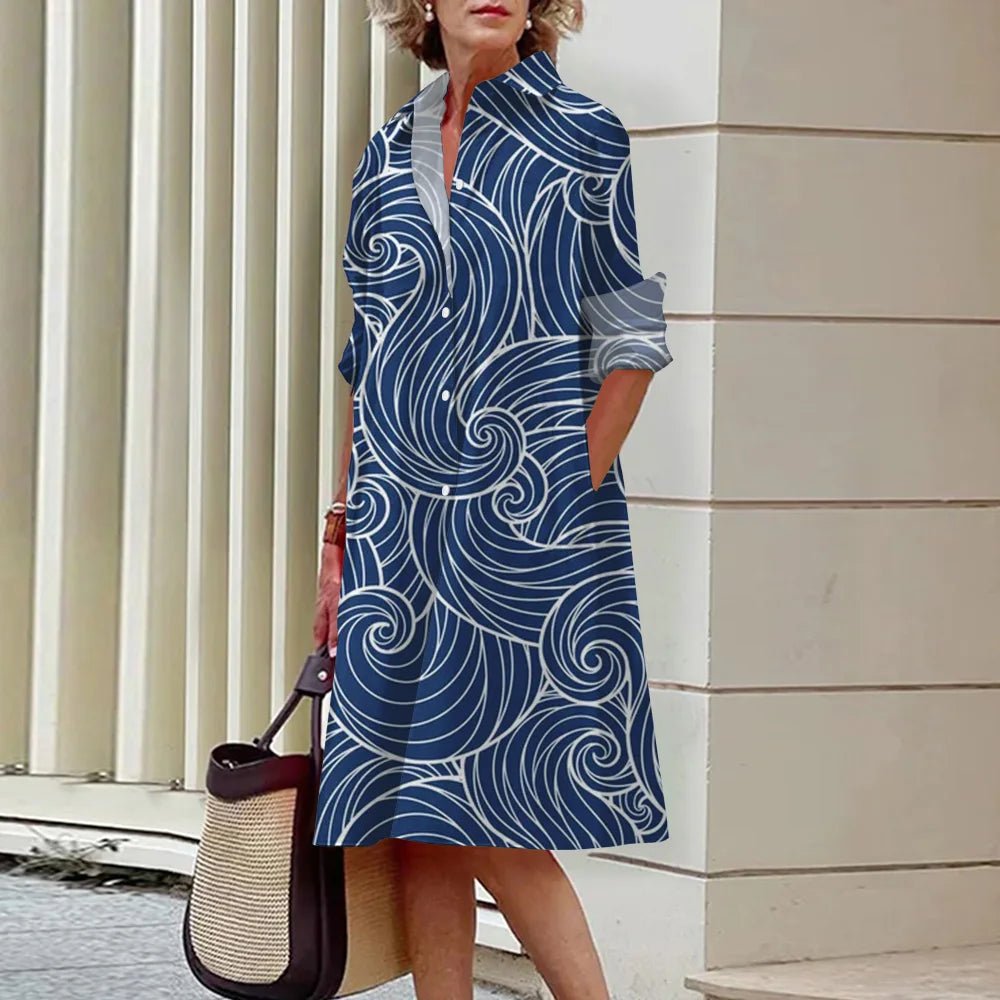 Women's Dress Lapel Long Sleeve Shirt Pocket Button Plus Size Top 3d Striped Print Dress Party Fashion Evening Dress For Women - Gems Ensumbles