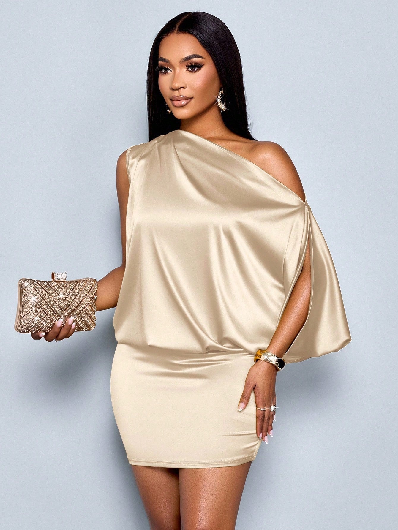 Women's Elegant Asymmetric Collar Satin Bodycon Mini Dress For Women - Gems Ensumbles
