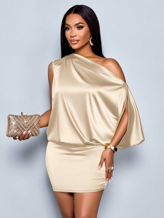 Women's Elegant Asymmetric Collar Satin Bodycon Mini Dress For Women - Gems Ensumbles