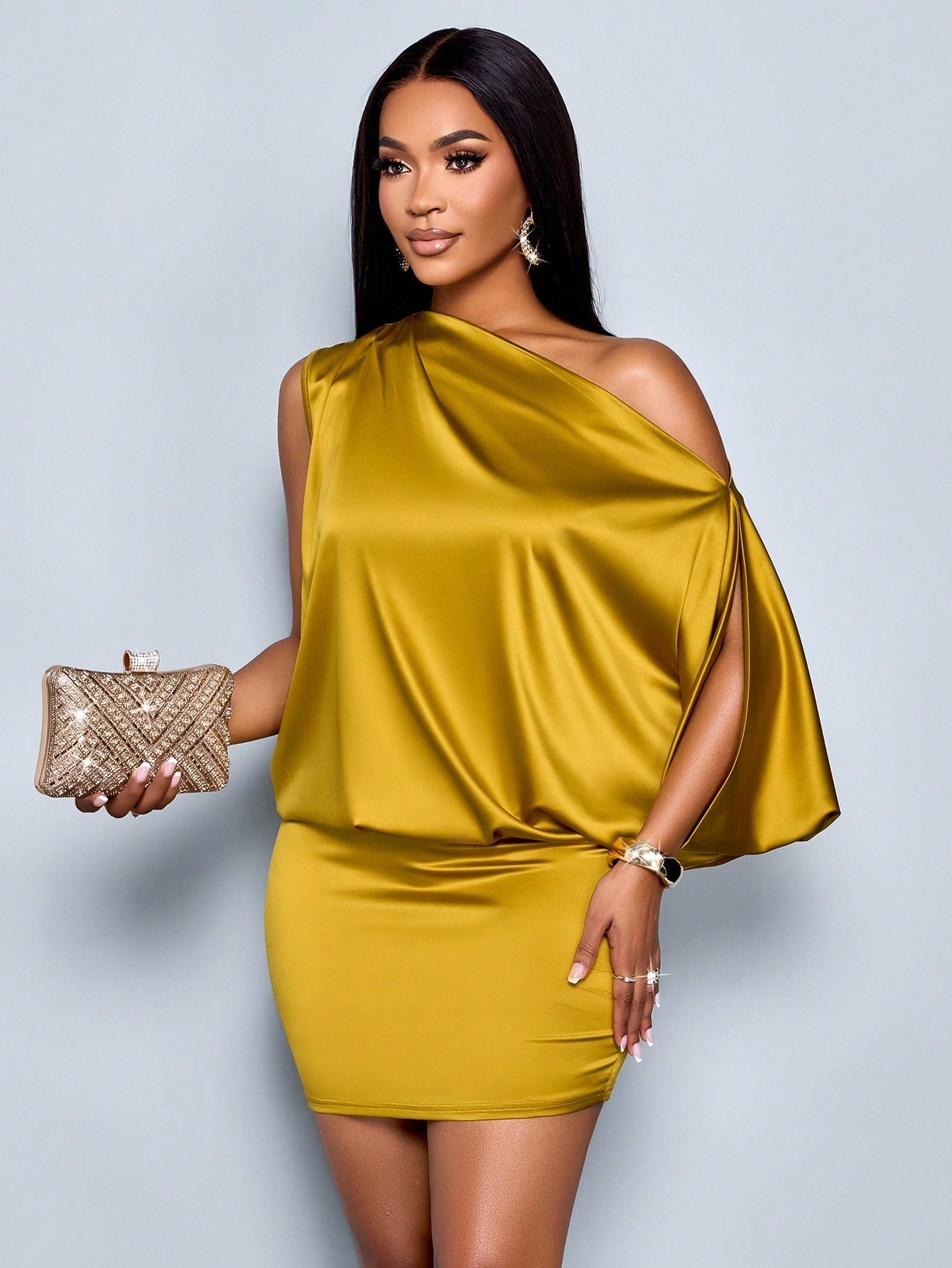 Women's Elegant Asymmetric Collar Satin Bodycon Mini Dress For Women - Gems Ensumbles