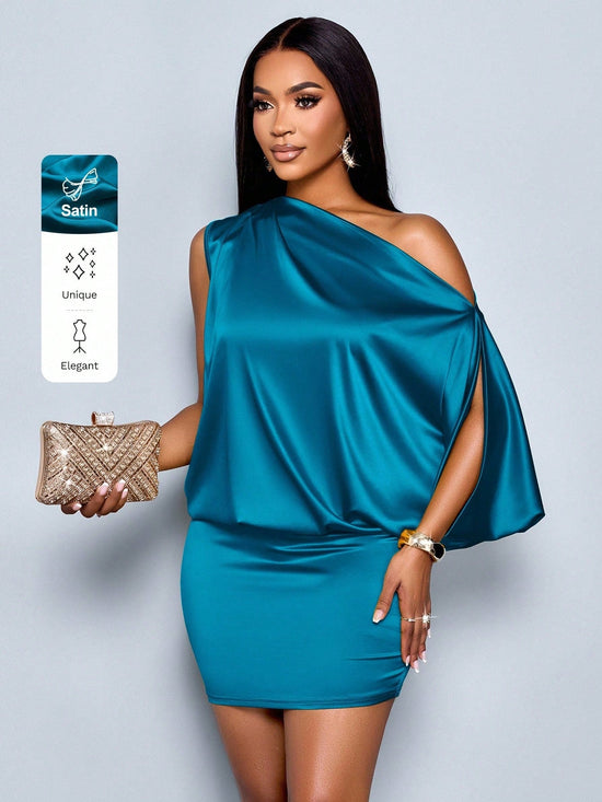 Women's Elegant Asymmetric Collar Satin Bodycon Mini Dress For Women - Gems Ensumbles