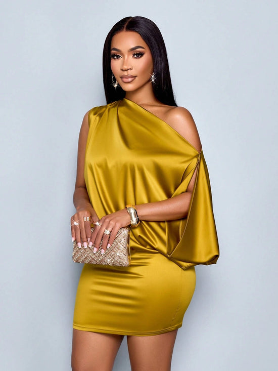 Women's Elegant Asymmetric Collar Satin Bodycon Mini Dress For Women - Gems Ensumbles