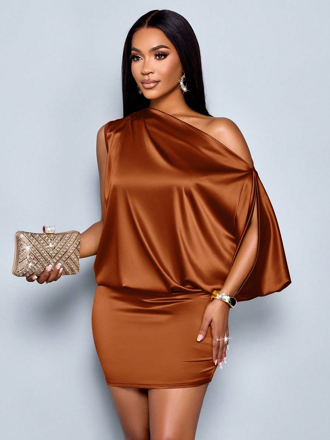Women's Elegant Asymmetric Collar Satin Bodycon Mini Dress For Women - Gems Ensumbles