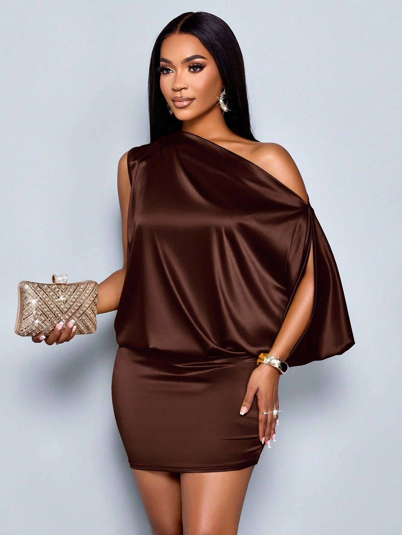 Women's Elegant Asymmetric Collar Satin Bodycon Mini Dress For Women - Gems Ensumbles