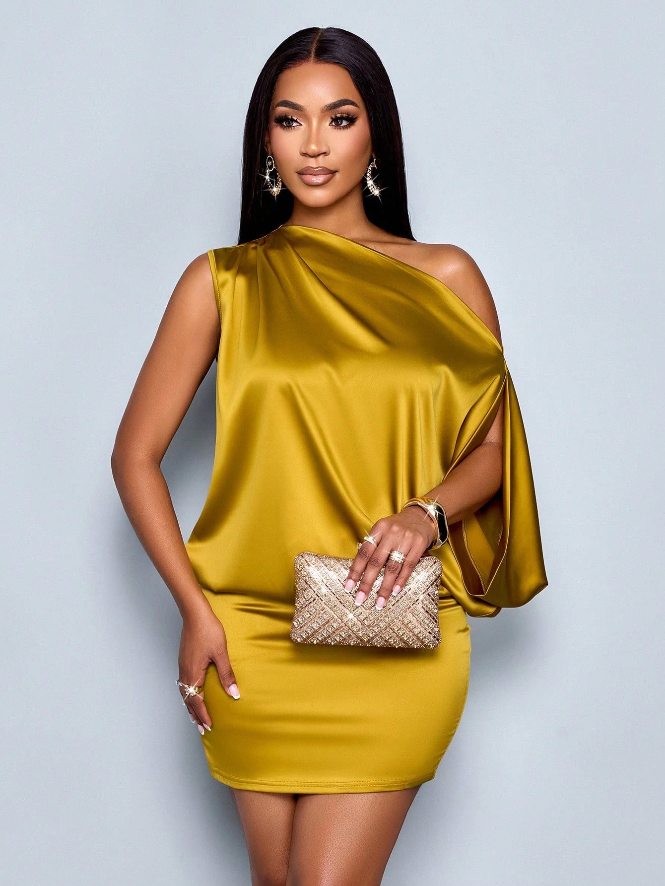 Women's Elegant Asymmetric Collar Satin Bodycon Mini Dress For Women - Gems Ensumbles
