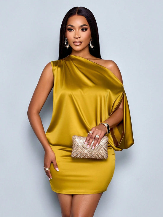 Women's Elegant Asymmetric Collar Satin Bodycon Mini Dress For Women - Gems Ensumbles