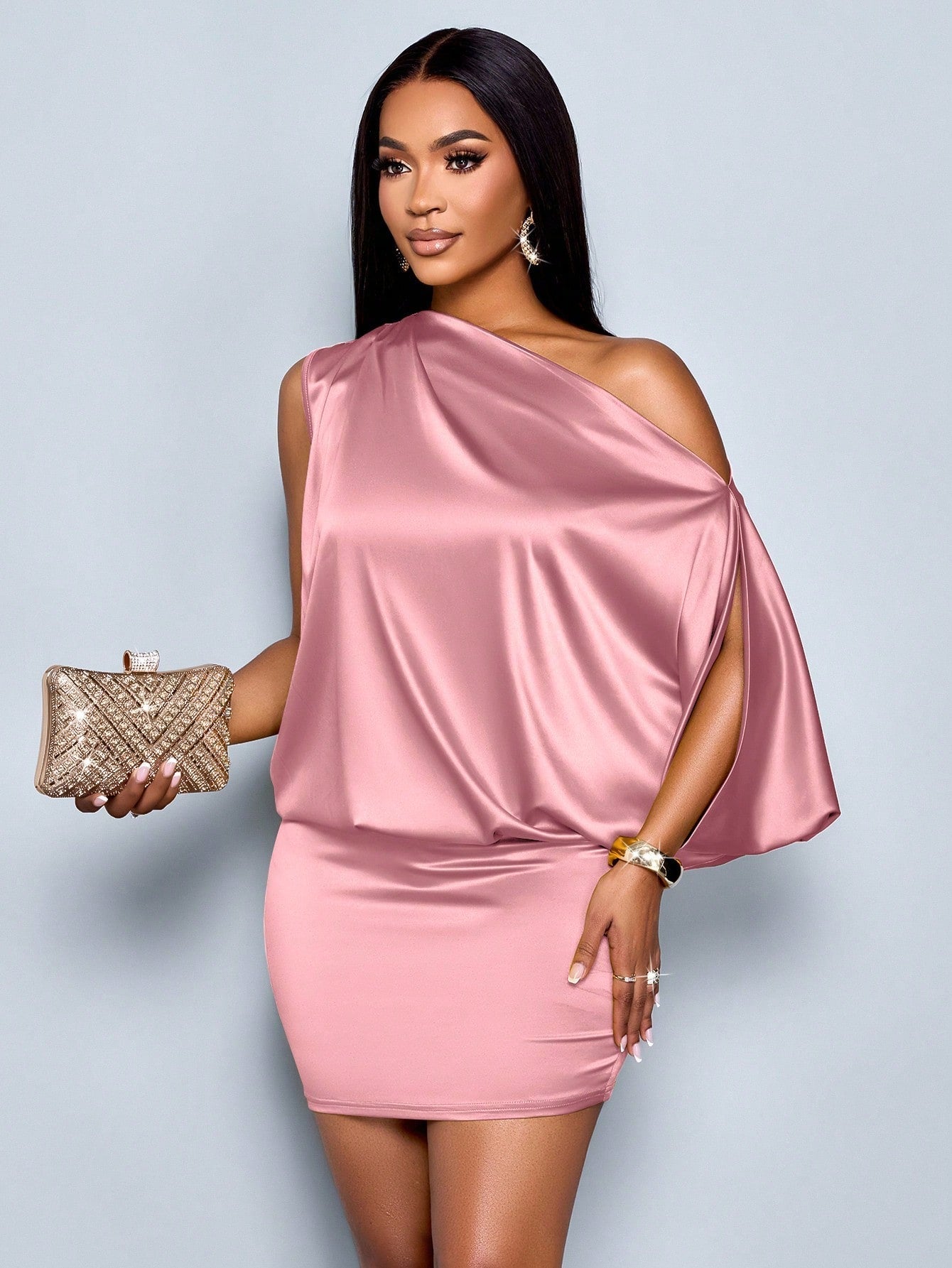Women's Elegant Asymmetric Collar Satin Bodycon Mini Dress For Women - Gems Ensumbles