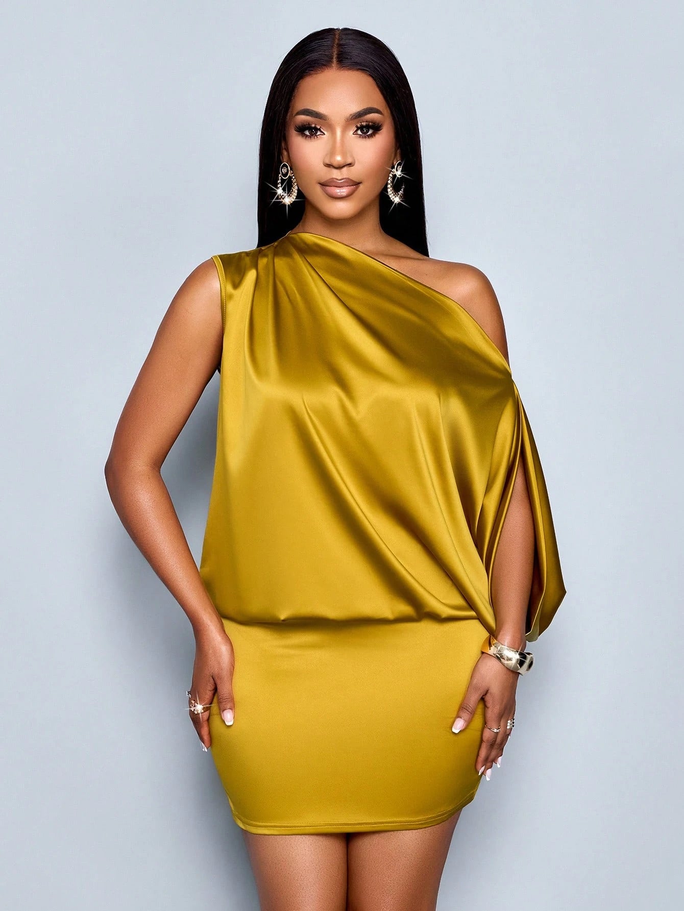 Women's Elegant Asymmetric Collar Satin Bodycon Mini Dress For Women - Gems Ensumbles