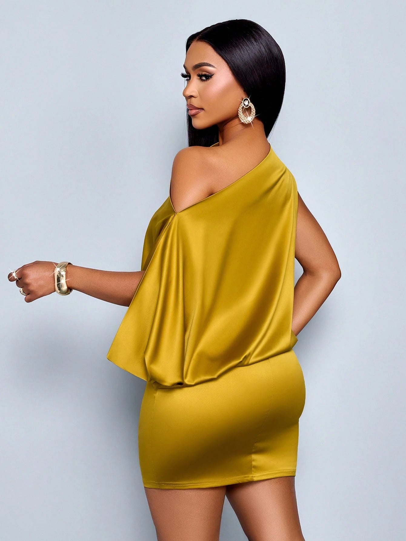 Women's Elegant Asymmetric Collar Satin Bodycon Mini Dress For Women - Gems Ensumbles