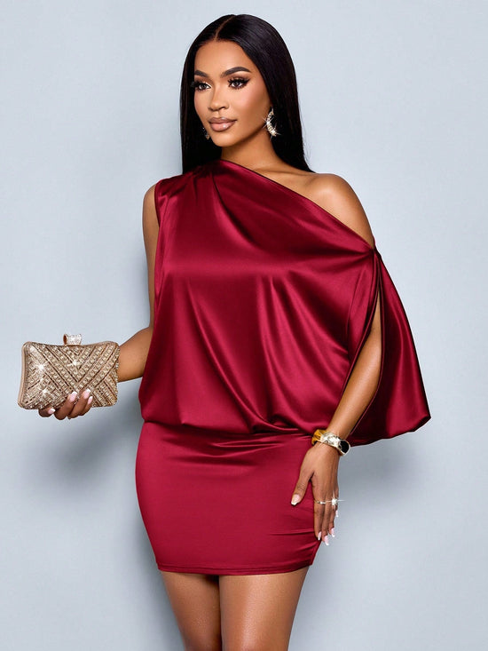 Women's Elegant Asymmetric Collar Satin Bodycon Mini Dress For Women - Gems Ensumbles