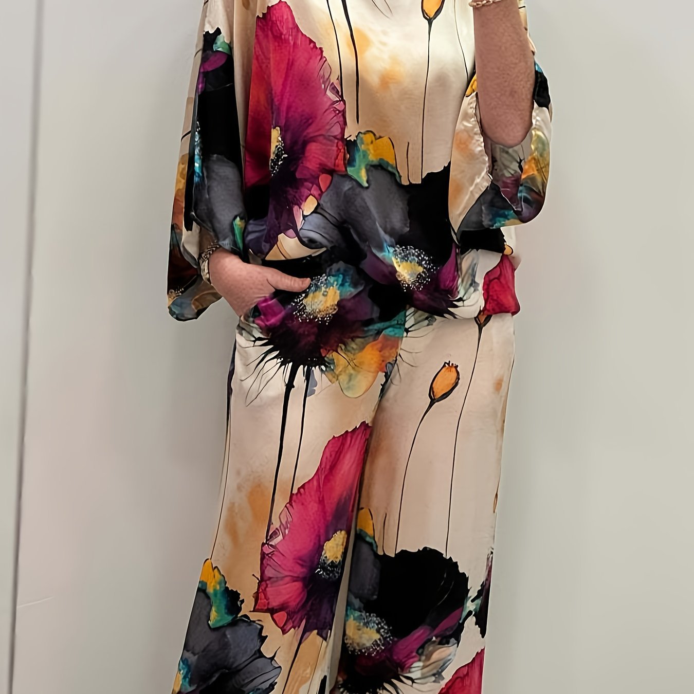 Women's Elegant Floral Print Satin Two - Piece Set - Gems Ensumbles