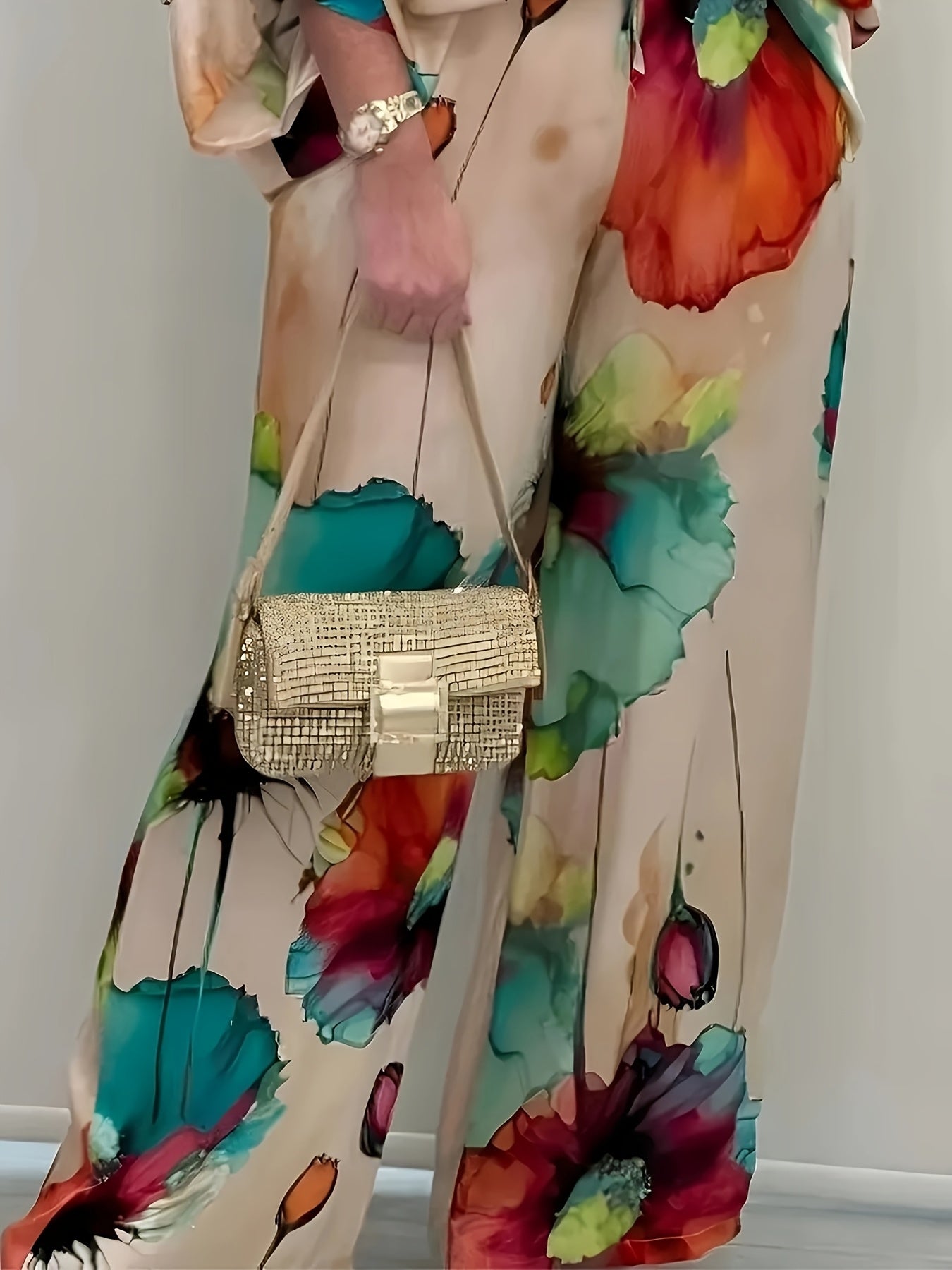 Women's Elegant Floral Print Satin Two - Piece Set - Gems Ensumbles