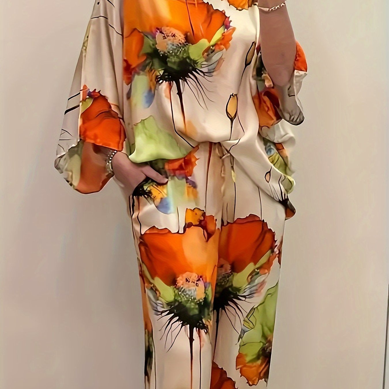 Women's Elegant Floral Print Satin Two - Piece Set - Gems Ensumbles