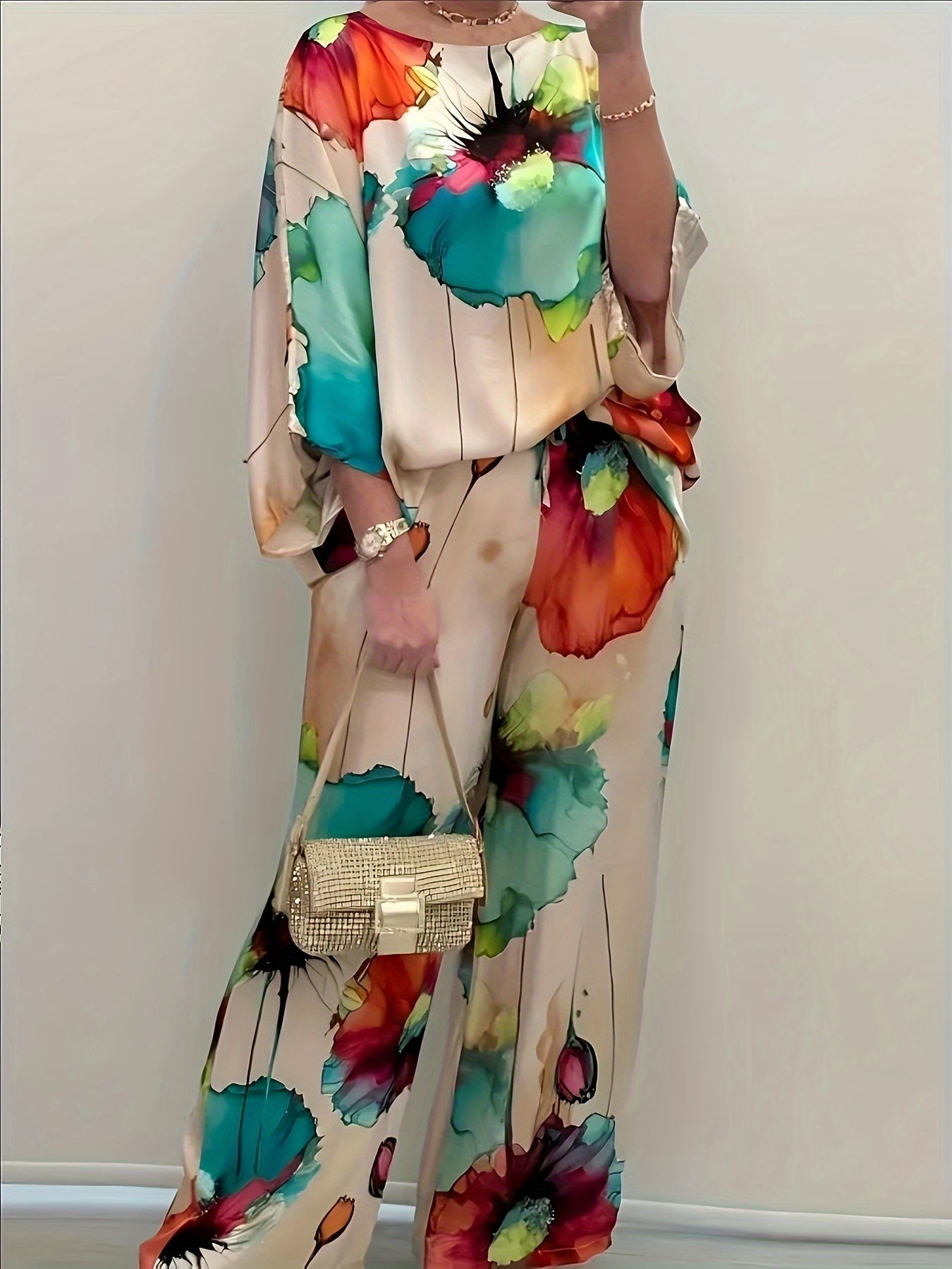 Women's Elegant Floral Print Satin Two - Piece Set - Gems Ensumbles
