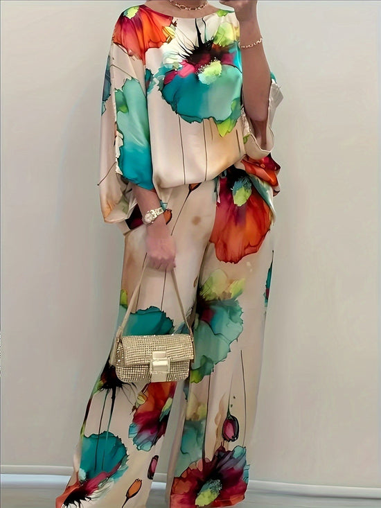 Women's Elegant Floral Print Satin Two - Piece Set - Gems Ensumbles
