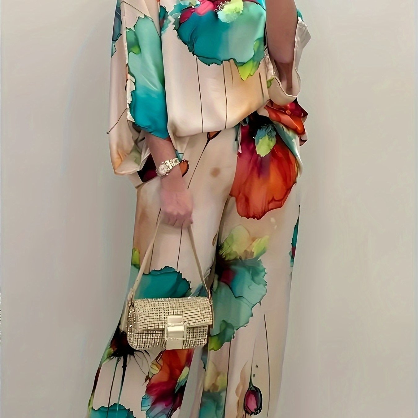 Women's Elegant Floral Print Satin Two - Piece Set - Gems Ensumbles
