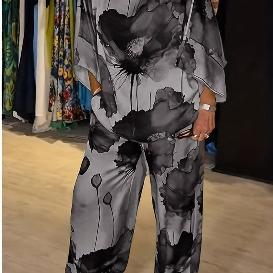 Women's Elegant Floral Print Satin Two - Piece Set - Gems Ensumbles