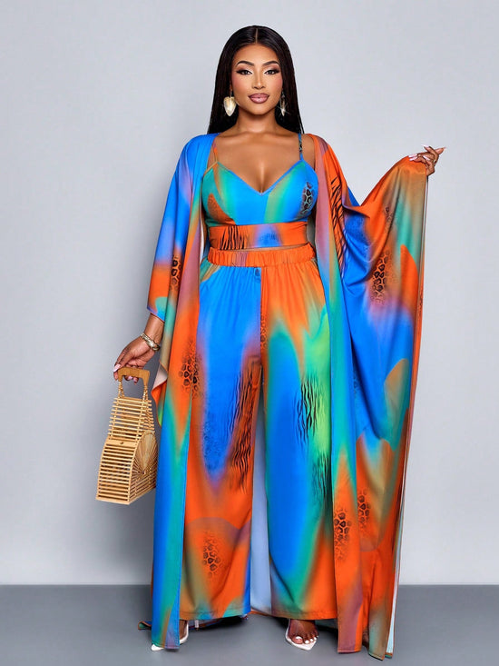 Women's Fashion Gradient Colorful Print Loose Casual Camisole, Wide - Leg Pants Set - Gems Ensumbles