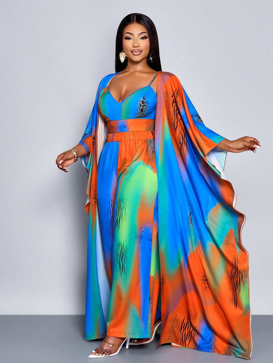 Women's Fashion Gradient Colorful Print Loose Casual Camisole, Wide - Leg Pants Set - Gems Ensumbles