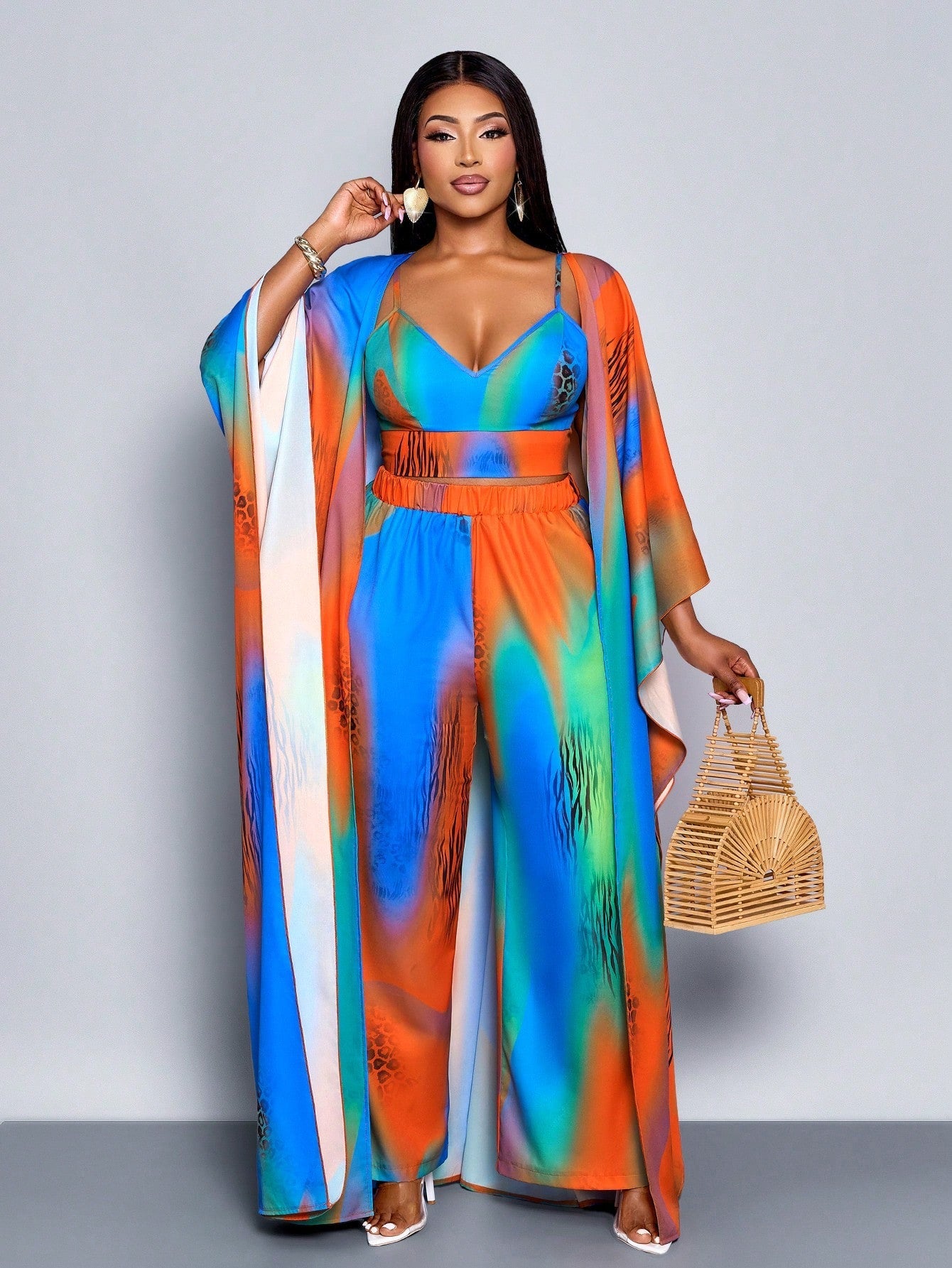 Women's Fashion Gradient Colorful Print Loose Casual Camisole, Wide - Leg Pants Set - Gems Ensumbles