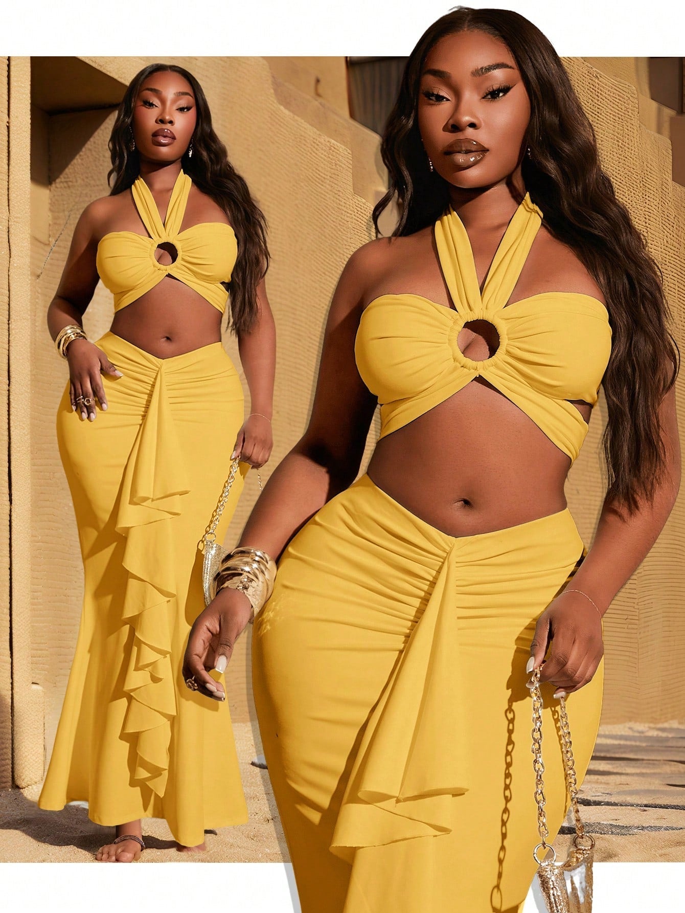 Women's New Hollow Round Ring Halter Sexy Top & V - Neck Waist Ruched Ruffle Hem Mermaid Skirt, - Gems Ensumbles