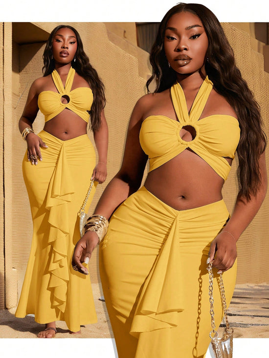 Women's New Hollow Round Ring Halter Sexy Top & V - Neck Waist Ruched Ruffle Hem Mermaid Skirt, - Gems Ensumbles
