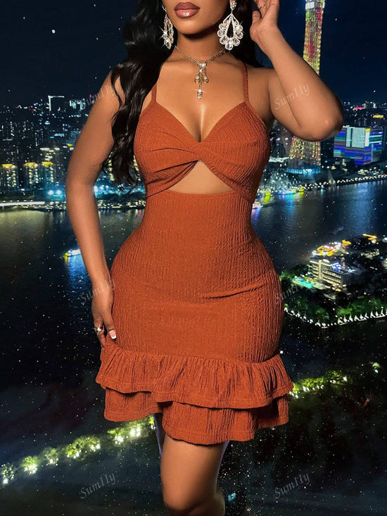 Women's Sexy Solid Fashionable Twist Front Crisscross Tie Double Ruffle Hem Dress - Gems Ensumbles
