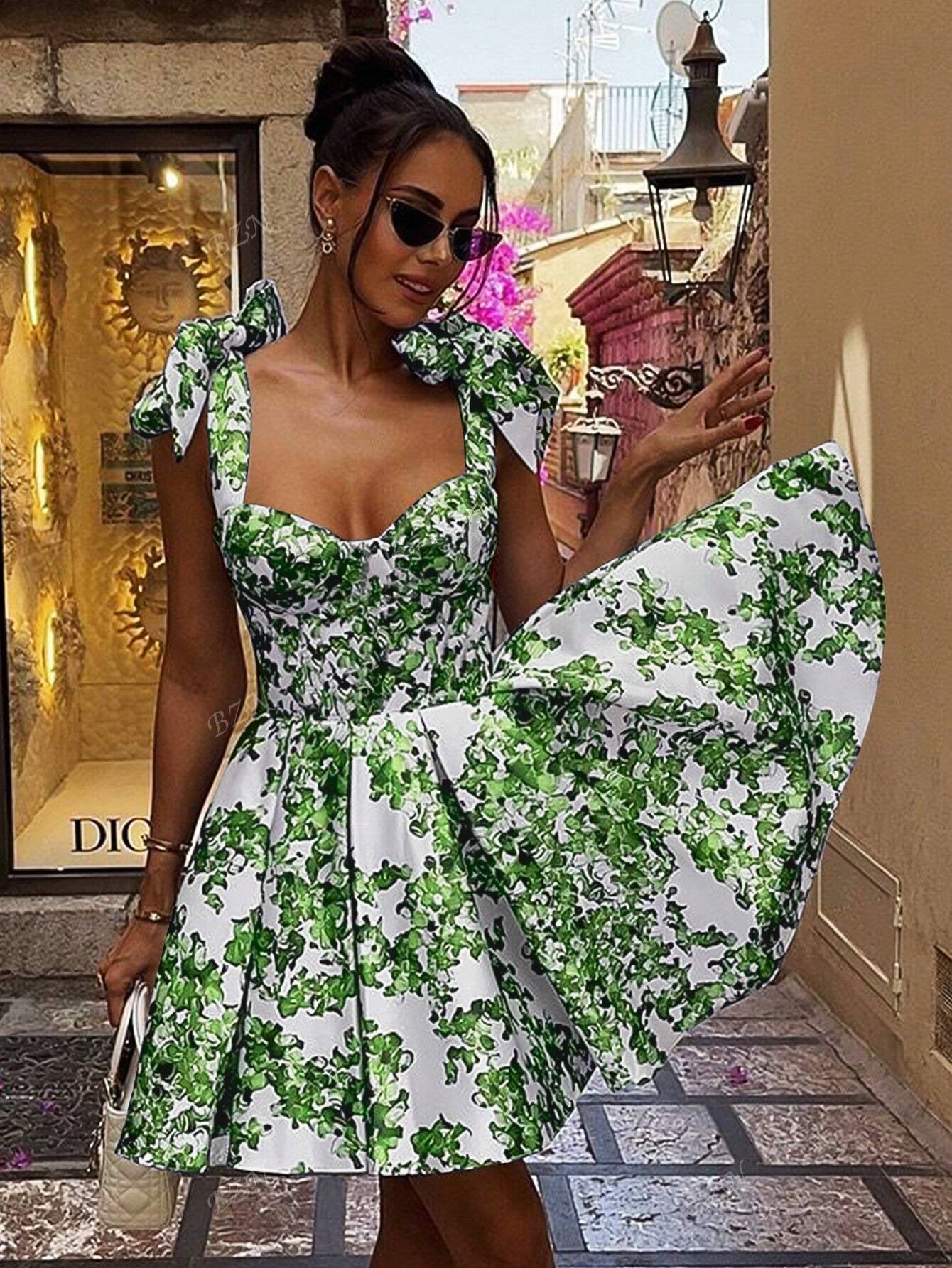 Women's Sexy Style Fitted Floral Print Tie Waist A - Line Skirt Mini Backless Slim Strap Halter Short Dress, - Gems Ensumbles