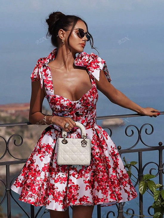 Women's Sexy Style Fitted Floral Print Tie Waist A - Line Skirt Mini Backless Slim Strap Halter Short Dress, - Gems Ensumbles