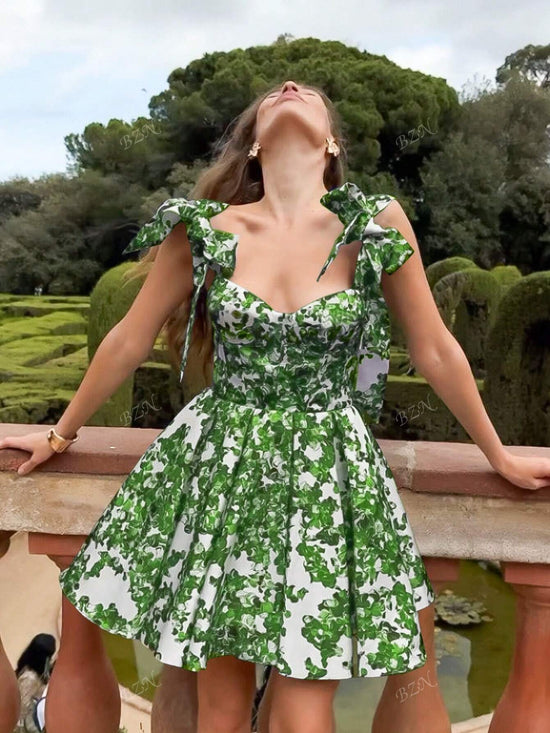 Women's Sexy Style Fitted Floral Print Tie Waist A - Line Skirt Mini Backless Slim Strap Halter Short Dress, - Gems Ensumbles