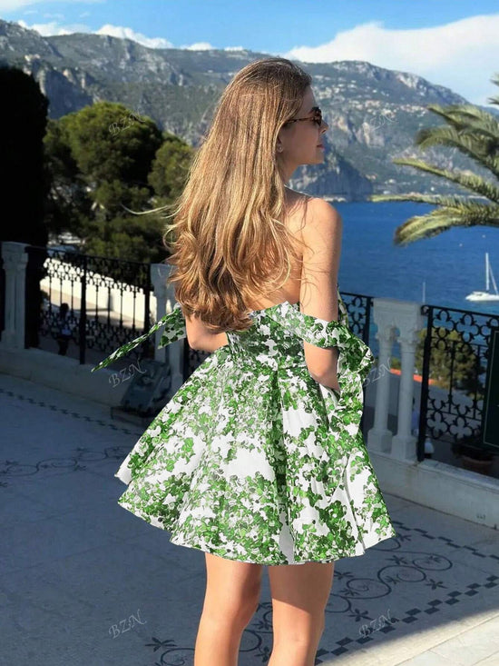 Women's Sexy Style Fitted Floral Print Tie Waist A - Line Skirt Mini Backless Slim Strap Halter Short Dress, - Gems Ensumbles