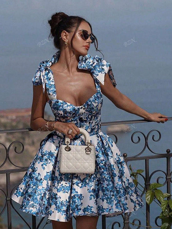 Women's Sexy Style Fitted Floral Print Tie Waist A - Line Skirt Mini Backless Slim Strap Halter Short Dress, - Gems Ensumbles