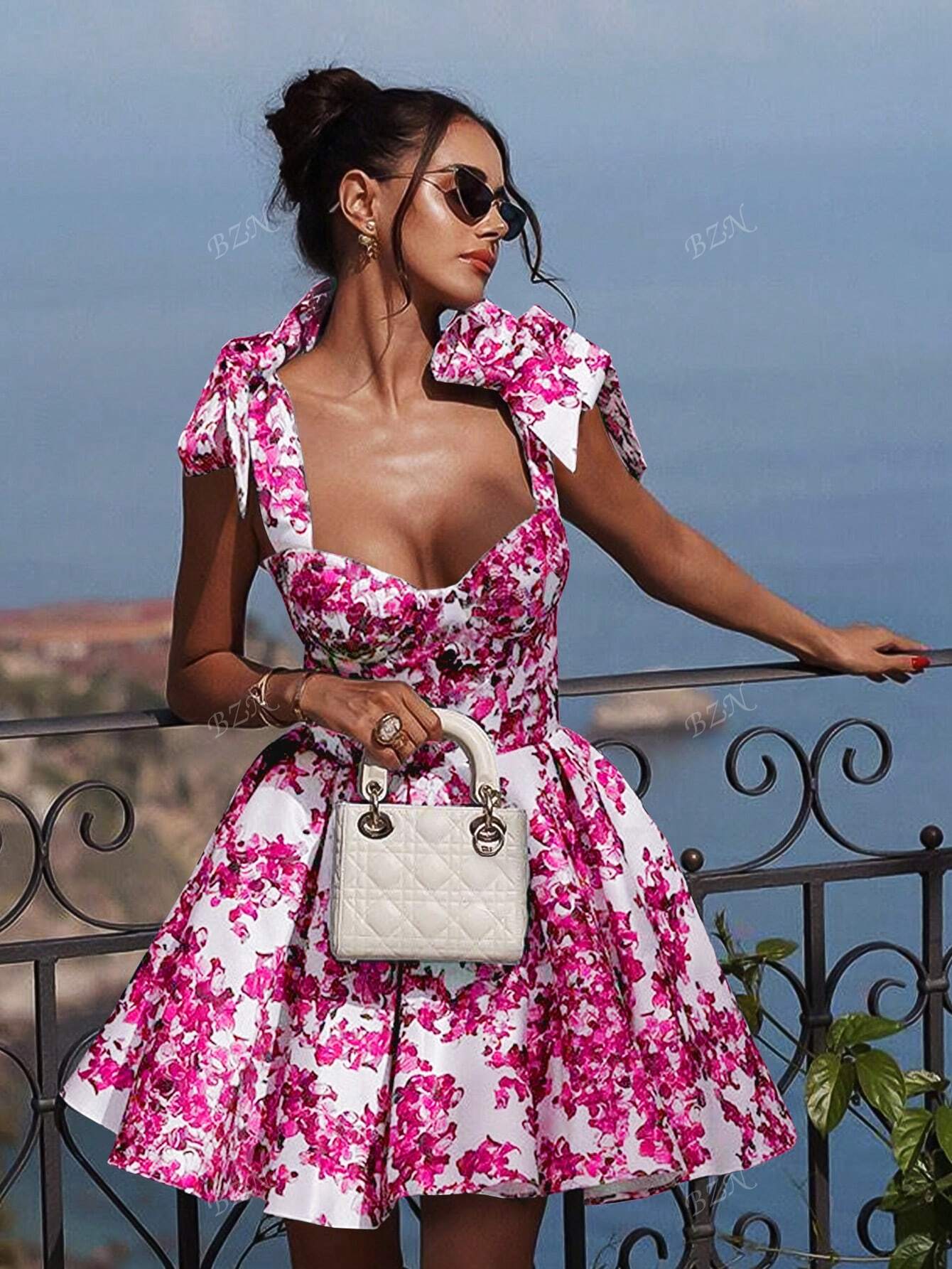 Women's Sexy Style Fitted Floral Print Tie Waist A - Line Skirt Mini Backless Slim Strap Halter Short Dress, - Gems Ensumbles
