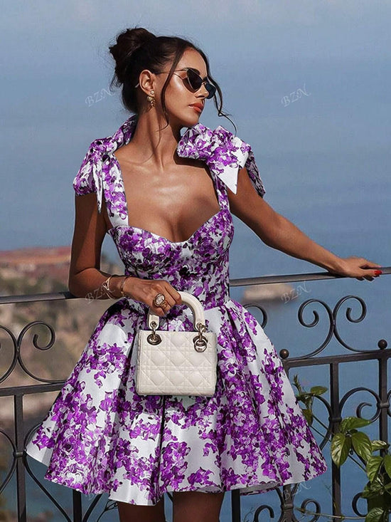 Women's Sexy Style Fitted Floral Print Tie Waist A - Line Skirt Mini Backless Slim Strap Halter Short Dress, - Gems Ensumbles