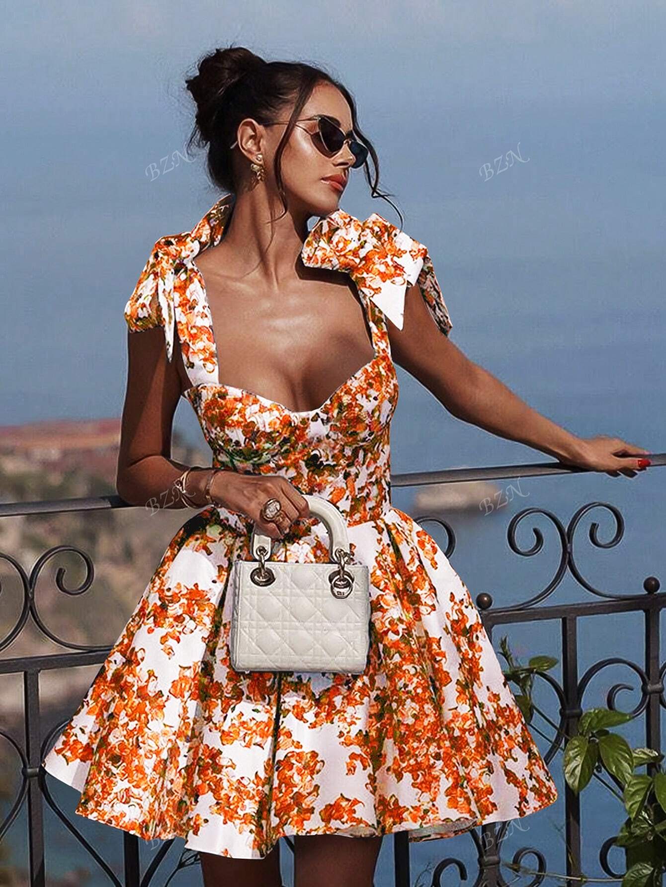 Women's Sexy Style Fitted Floral Print Tie Waist A - Line Skirt Mini Backless Slim Strap Halter Short Dress, - Gems Ensumbles