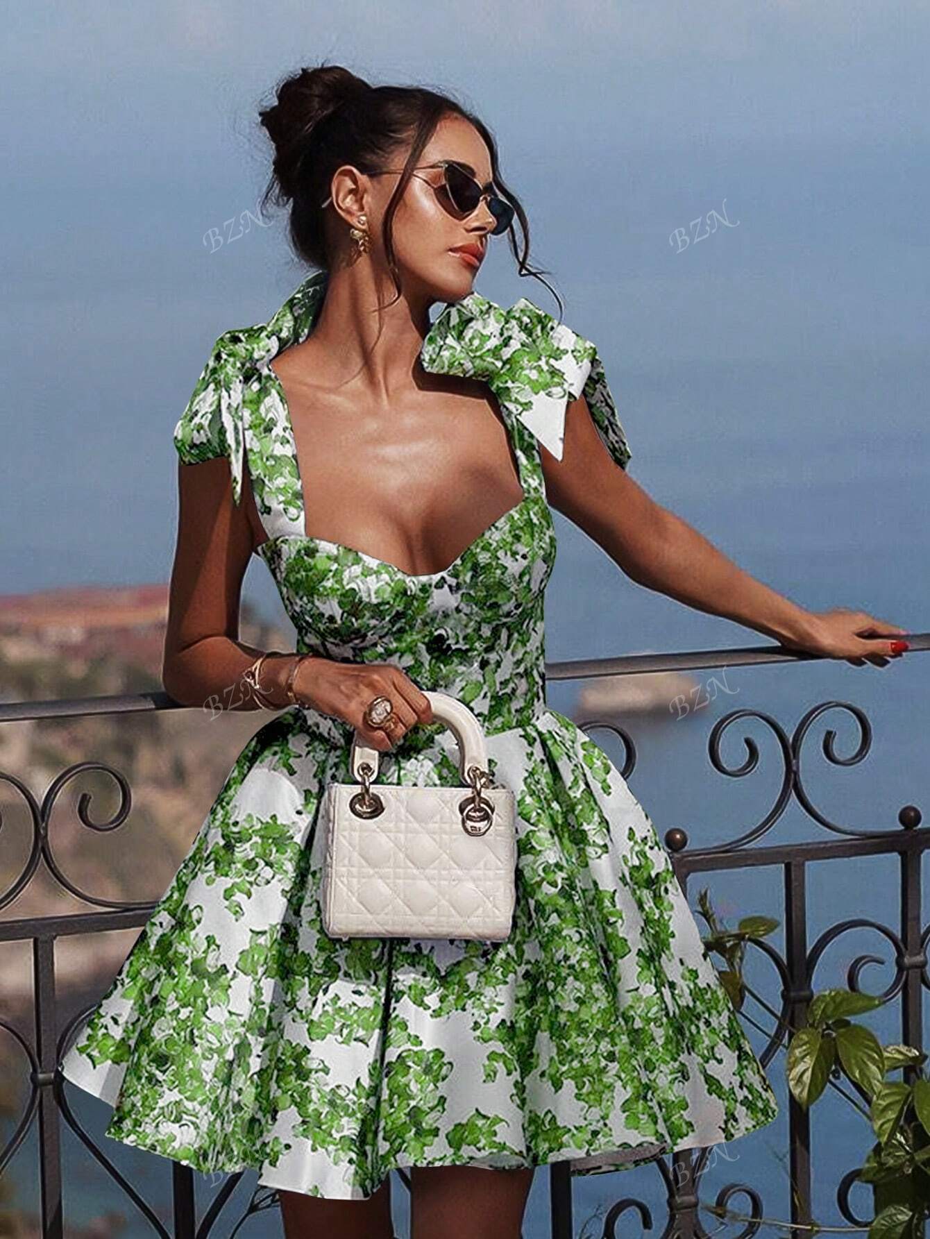 Women's Sexy Style Fitted Floral Print Tie Waist A - Line Skirt Mini Backless Slim Strap Halter Short Dress, - Gems Ensumbles