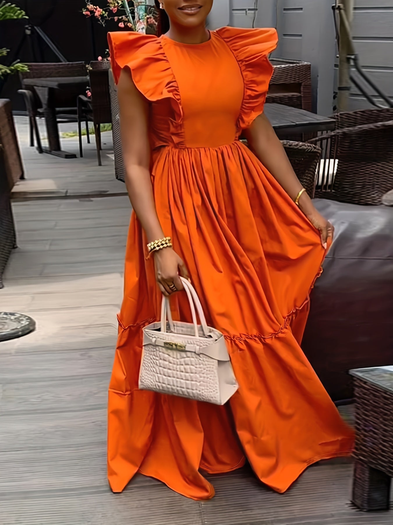 Women's Solid Color Round Neck Ruffled Sleeve A - Line Dress - Gems Ensumbles