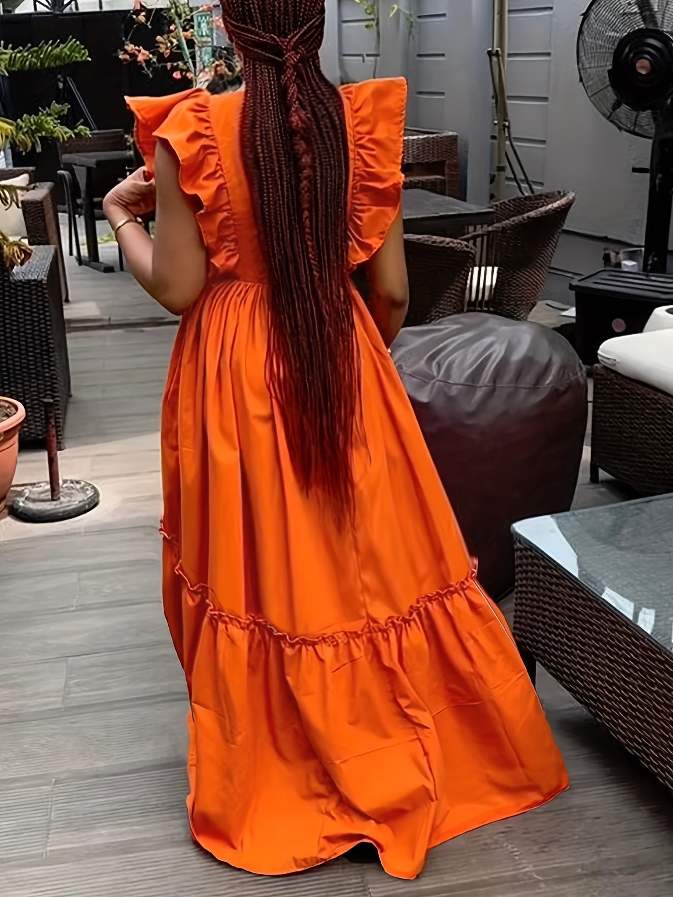 Women's Solid Color Round Neck Ruffled Sleeve A - Line Dress - Gems Ensumbles