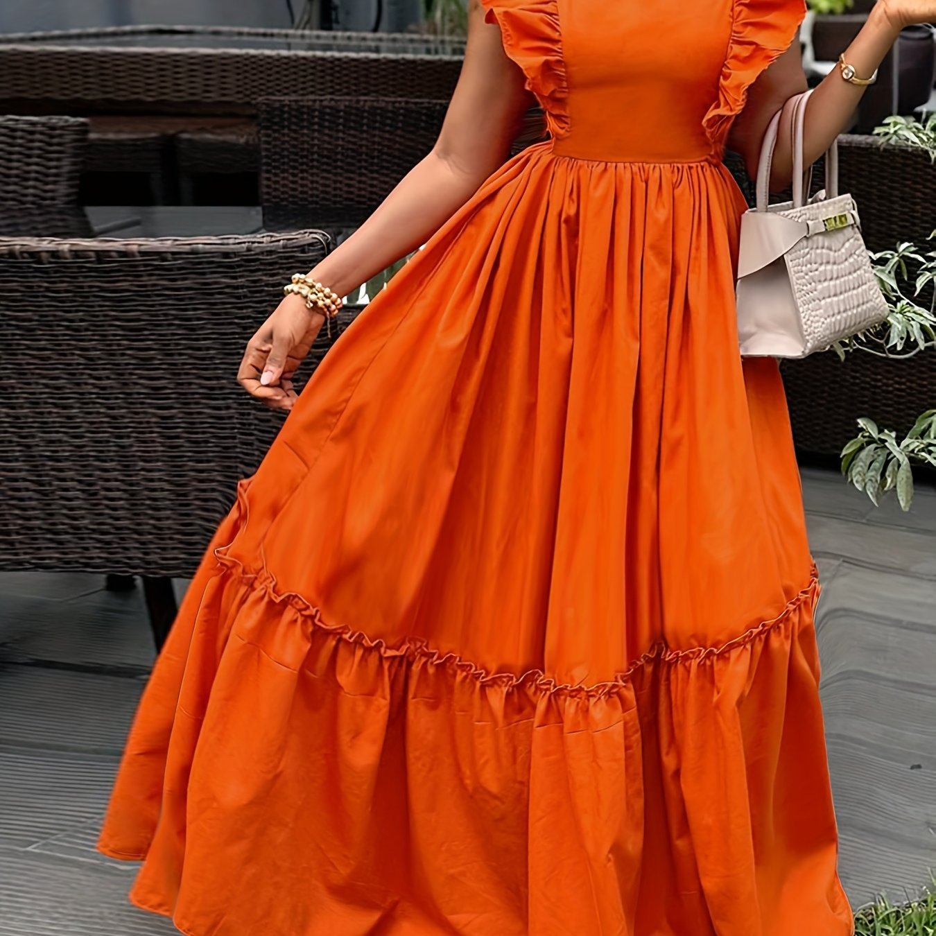 Women's Solid Color Round Neck Ruffled Sleeve A - Line Dress - Gems Ensumbles