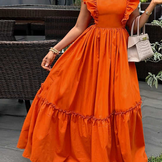 Women's Solid Color Round Neck Ruffled Sleeve A - Line Dress - Gems Ensumbles